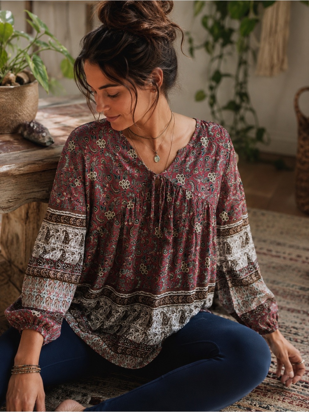 🤎 Wrangler Boho Peasant Top | Paisley Floral Prairie Blouse Size S EUC